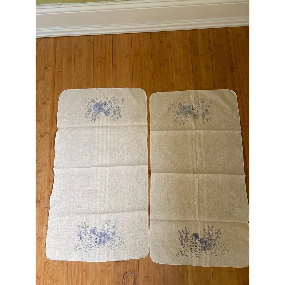 Vintage Cotton Embroidered Mallard Duck Cattails Linen Set of 2 30.5x17